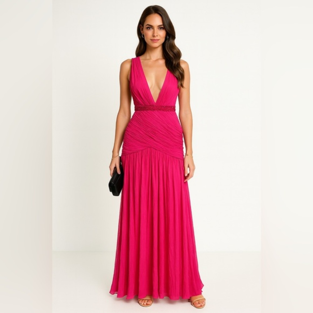 Amanda Wakeley Deep V‎ Long Maxi Dress Pink Gown Women's Size L Flawed